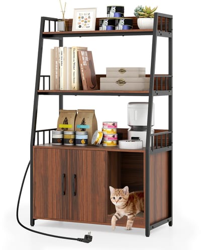 COSTWAY Kattenkast met boekenkast, laadstation, 3 niveaus, krabmat, ingang, kattenbakkast voor kattentoilet, kattenhuis voor katten, honden, huisdieren, kattenmeubel binnen, 80 x 40 x 132 cm (walnoot)