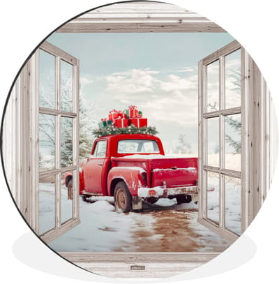 WallCircle - Wandcirkel - Muurcirkel - Auto - Rood - Cadeaus - Winter - Kerst - Doorkijk - Wit - Aluminium - Dibond - 30x30 cm - Binnen en Buiten