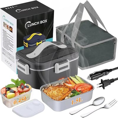 Elektrische Lunchbox - Lunchbox Volwassenen Kinderen - Thermos Lunchbox - 12/24/110 V Elektrische Broodtrommel - Draagbare Broodtrommel met Fruitkist Lekvrij met SS-Vorklepel - Voor auto Vrachtwagen Kantoor - Grijs