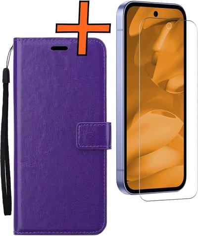 Hoes - Met Screenprotector - Geschikt voor Google Pixel 9a - Luxe Pasjeshouder - Bookcase Portemonee - Flip Case - Kunstleer Book Case - Flipcase - Book Cover - Walletcase - PortemonneeHoes - Paars