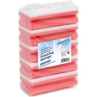 Schuurspons Cleaninq met greep 140x70x42mm rood/wit 5 stuks