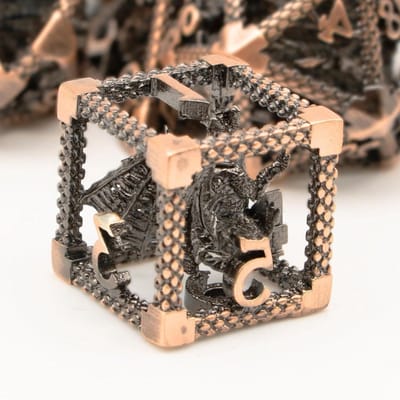 Metalen Dobbelstenen Set - RPG Dobbelstenen - Rollenspellen Spelen - Uitgesneden Draak Design - 7 Delig - 3D Koper