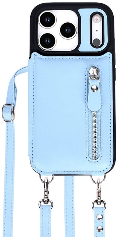 CaseBoutique Backcase hoesje geschikt voor iPhone 17 Pro - Effen Lichtblauw - Kunstleer - Crossbody Hoesje Koord - Pasjeshouder voor 3 passen - Ritsvakje