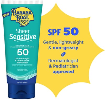 Banana Boat Sheer Sensitive Body Lotion SPF 50 (177 ml / 6 oz) – Zonnebrandcrème voor Gevoelige Huid – Parfumvrij, Lichtgewicht & Breed Spectrum UVA/UVB Bescherming