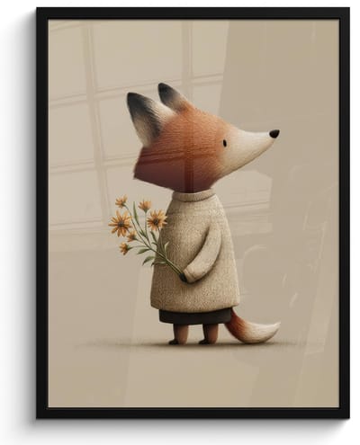 Poster in lijst - Fotolijst 50x70 cm - Posters - Vos - Gele bloemen - Minimalistisch - Posterlijst zwart - Decoratie - Wanddecoratie woonkamer - Muurdecoratie slaapkamer