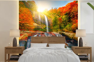 Behang - Fotobehang Waterval - Natuur - Herfst - Rood - Water - Breedte 240 cm x hoogte 240 cm