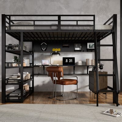 Hoogslaper - 140x200cm - Hoog Bed Met Opslag En Ladeaansluiting - Schuine Trap - Metaal/Spaanplaat - Zwart