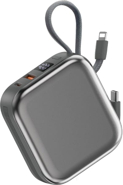 WiWU Powerbank 10000mAh - Type-C en Lightning kabel - Draadloos opladen - Digital display - Grijs