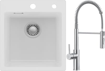 Auralum max Spoelbak Keuken 40x45CM - Spoelbakken Graniet Met Keukenkraan met 2 straalsoorten - Enkele spoelbak Wit - Met waterafvoersysteem - Voor 40 cm kast