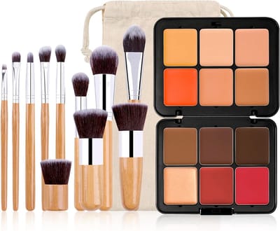 Makeup Palette Set met 12 Kleuren voor Foundation, Concealer, Contour, Blush en Highlighter, Waterdicht, Inclusief 11 Bamboo Kwasten en Opbergzak