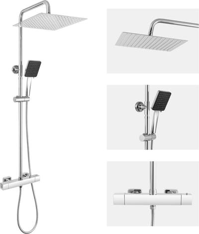 DERW Max Regendouche - Ø 30 cm - Handdouche Met 6 standen - Inclusief Thermostaatkraan - Doucheset Zwart - Waterbesparend - Chroom