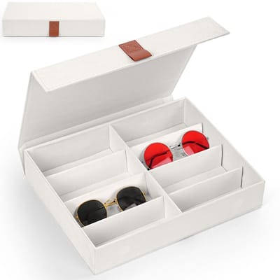 Dailygoods- Opbergdoos Ivoor - Zonnebrilhouder met Inklapbaar Deksel - 8 Vakken - Stofbescherming - 32,5 x 25 x 6,5 cm - Elegante Organizer