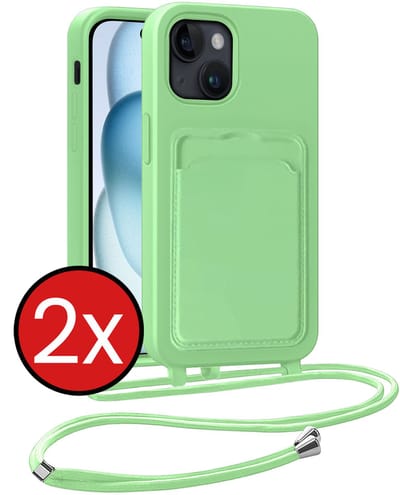 Hoesje Geschikt voor iPhone 15 Plus Hoesje Met Telefoonkoord en Pasjeshouder Siliconen - Hoes Geschikt voor iPhone 15 Plus Hoesje Met Kaarthouder Case - Groen - 2 PACK