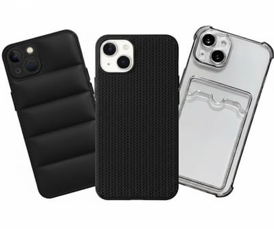 Grijs en zwart telefoon hoesje set met kaartvak en structuur design geschikt voor iPhone 14 Plus – backcover cases voor dames en heren met transparant hoesje, geribbelde textuur en gewatteerd uiterlijk
