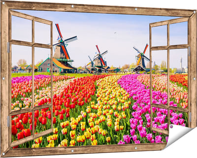 Gards Tuinposter Doorkijk Kleurrijke Tulpen Bloemenveld - Windmolen - 150x100 cm - Tuindoek - Tuindecoratie - Wanddecoratie buiten - Tuinschilderij