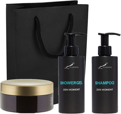 Douchepakket Zen Moment - Showergel + Shampoo + Scrubzout 300 gram - 300 ml per fles - set van 3 stuks - met luxe gift tas - cadeau - giftset voor hem en haar