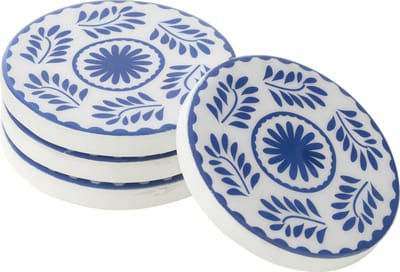 J-Line onderzetter Bloemen - hout - blauw/wit - set van 4