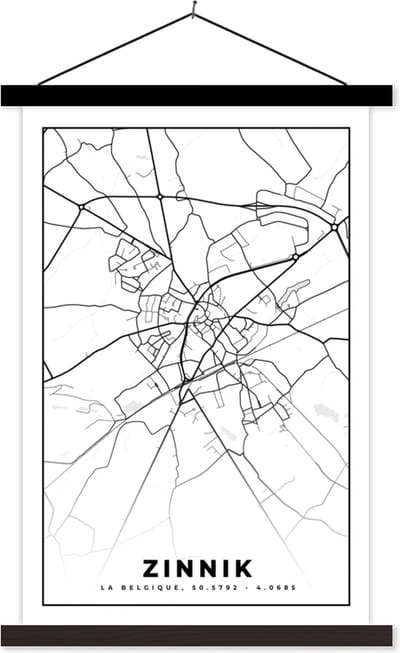 Posterhanger incl. Poster 40x60 cm - Schoolplaat - Zwart Wit – België – Plattegrond – Stadskaart – Kaart – Zinnik - Textielposter - Zwarte latten - Stadskaart