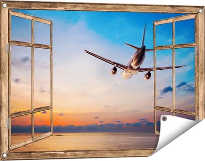 Gards Tuinposter Doorkijk Vliegtuig Boven de Zee bij Zonsondergang - 90x60 cm - Tuindoek - Tuindecoratie - Wanddecoratie buiten - Tuinschilderij