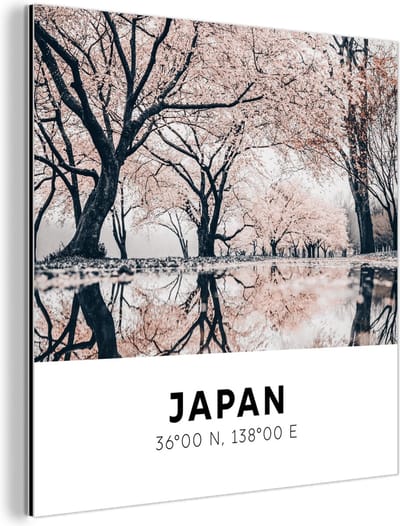 Wanddecoratie Metaal - Aluminium Schilderij Industrieel - Japan - Sakura - Lente - Roze - 90x90 cm - Dibond - Foto op aluminium - Industriële muurdecoratie - Voor de woonkamer/slaapkamer