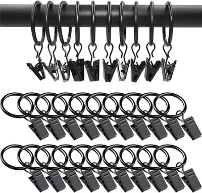 Dailygoods - 20 zwarte metalen gordijnringen met clips, robuust en duurzaam, douche- en raamhaken met roestvrije haken, compatibel met deurstangen met een binnendiameter van 32 mm