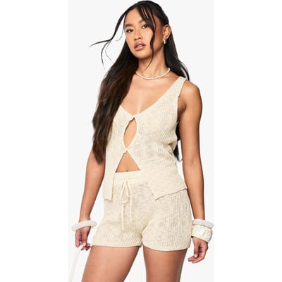 boohoo Dames Tie Waist Knitted Crochet Short | Stone | Maat: 10