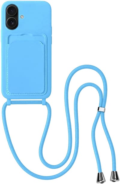 Hoes Geschikt voor iPhone 16 Plus Hoesje Pas Houder Case Hoes Met Koord - Hoesje Geschikt voor iPhone 16 Plus Hoes Met Telefoonkoord Pasjeshouder Cover - Lichtblauw