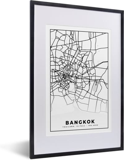 Fotolijst incl. Poster Zwart Wit- Bangkok - Zwart Wit - Plattegrond - Stadskaart - Kaart - 40x60 cm - Posterlijst