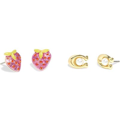 Ensemble de boucles d'oreilles Coach Sweet Elegant Logo Fraise Plaqué Laiton Boucles d'oreilles Femme Or Rose CI887 Pink/Gold,F beige