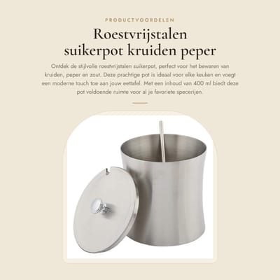 Dailygoods- Suikerpot Roestvrij Staal - Suikerpot met Lepel - Kruidenpot - Kruidenpotje - 400 ml Inhoud - Afmetingen 8 x 8 x 9 cm