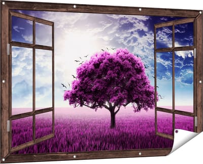 Gards Tuinposter Doorkijk Paarse Boom in het Paars Veld met Vogels - 150x100 cm - Tuindoek - Tuindecoratie - Wanddecoratie buiten - Tuinschilderij