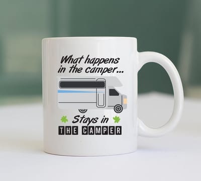 Mok Camper met tekst "What happens in the camper... stays in the camper" - Mok Keramiek - Wit - Camper Cadeau