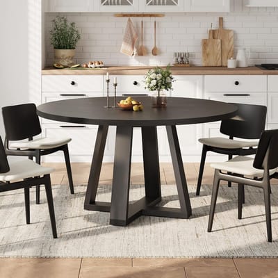 Moderne eettafel – voor 4-6 personen – landelijke eettafel – ronde keukentafel – houten voetstuk – voor eetkamer, woonkamer – 120×120×76 cm – zwart