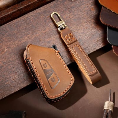 Accessoires de Voiture en Cuir Housse de Clé Étui Coque Porte-clés Pour Volkswagen Vw Golf 8 Id.6X Crozz Mk8 Pour Skoda Porte-clés Sac brown