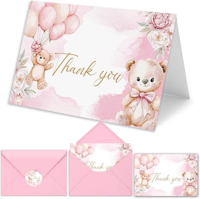 50 Bedankkaarten met Enveloppen Aquarel Beer Roze, Ideaal voor Babyshower en Bruiloft