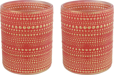 Countryfield Luxe theelichthouder - 2x stuks - Aurora - glas - rood/goud - D8 x H10 cm