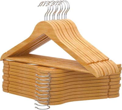 Famanu - Set van 20 houten kledinghangers met inkepingen en antislip broekstang – Natuur