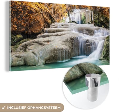 MuchoWow® Glasschilderij 40x20 cm - Schilderij acrylglas - Bos - Waterval - Water - Herfst - Foto op glas - Schilderijen