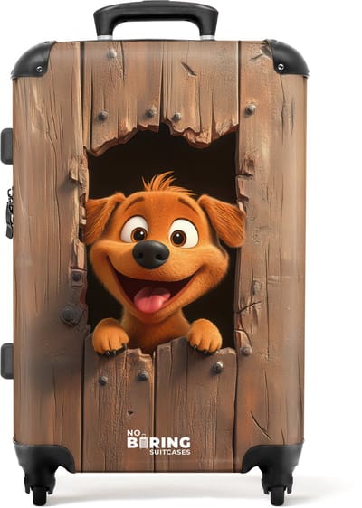 NoBoringSuitcases.com® - Kinderkoffer - Kindertrolley jongen en meisje - Vrolijke hond kijkt door kapot houten hek - Koffer kind groot - Rolkoffer lichtgewicht - Reiskoffer met 4 wielen - Grote trolley XL - 20 kg bagage