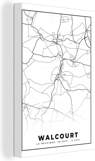 Canvas Schilderij Zwart Wit – België – Plattegrond – Stadskaart – Kaart – Walcourt - 20x30 cm - Wanddecoratie