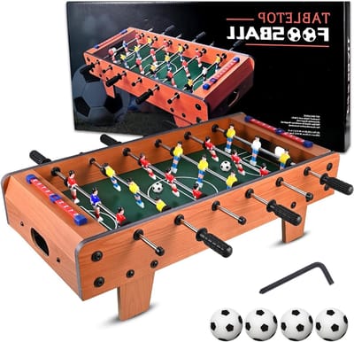 Tafelvoetbalspel van hout met stevige tafelpoten, ideaal voor kinderen en volwassenen, inclusief 4 voetballen, 50.5 x 24.5 x 15 cm, perfect voor spelletjesavonden en feesten