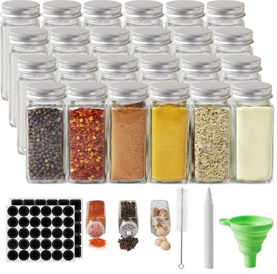 24 Kruidenpotjes Vierkant - Met 30 Vierkante en 30 Ronde Stickers, Trechter, Stift & Schoonmaakbrostel - Kruidenstrooiers - Glas - Hanamura