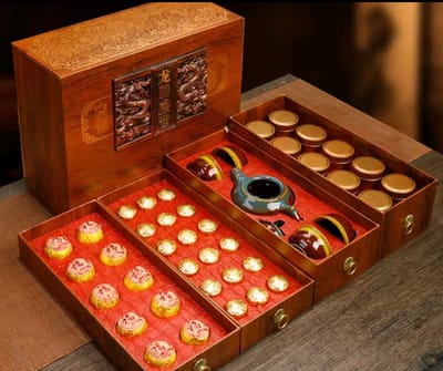 Unieke Thee Set in Houten Doos – Met Theepot, 4 Mokjes & Chinese Thee - Cadeau - Geschenk