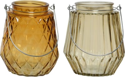 Set van 2x stuks theelichthouders/waxinelichthouders ruit/streep glas cognac/oranje en taupe met metalen handvat 11 x 13 cm