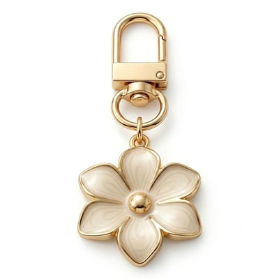 Wit goudkleurige bloemen sleutelhanger met metalen clip en bloem hanger – sleutelhanger voor dames en heren – decoratieve keychain met witte bloem en goudkleurige afwerking