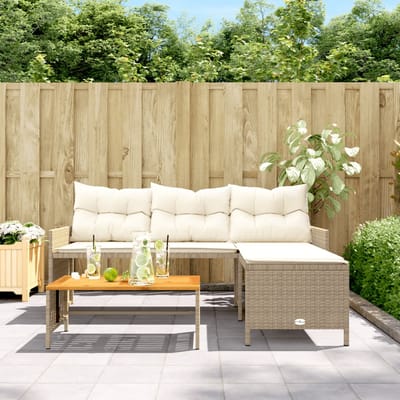 vidaXL - Tuinbank - met - tafel - en - kussens - L-vormig - poly - rattan - beige