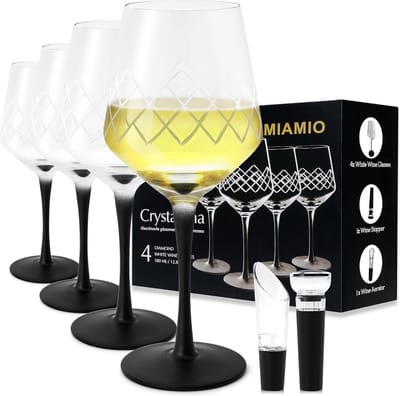 380 ml Witte wijnglazen, set van 4 grote premium kristallen wijnglazen met zwarte steel + wijnstopper & beluchter - Crystaluna Collectie