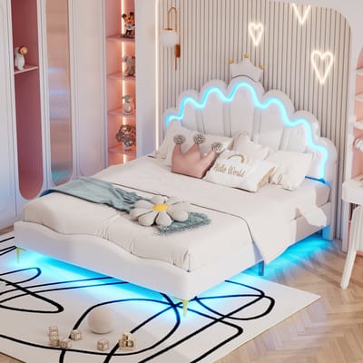 OKWISH Tweepersoonsbedden 140x200 cm - Kinderbed Met LED Licht En Prinsessen Kroon Hoofdbord - Modern Ontwerp - MDF - Wit