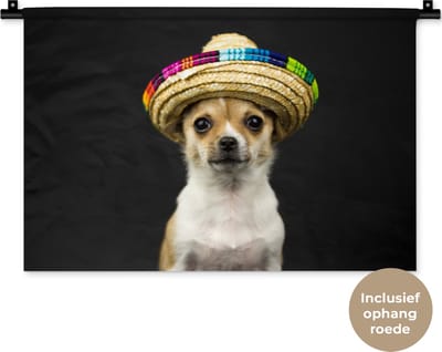 Wandkleed Dieren op een zwarte achtergrond - Hond met Mexicaans hoedje op zwarte achtergrond Wandkleed katoen 60x40 cm - Wandtapijt met foto