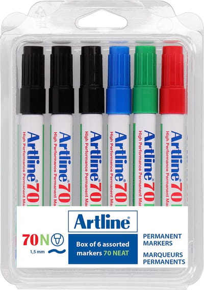 Artline 70 Permanent Marker - Set 6 Stuks - Kogelpunt 1,5mm - Watervast & Wrijfvast - Hervulbaar - Zwart & Kleuren